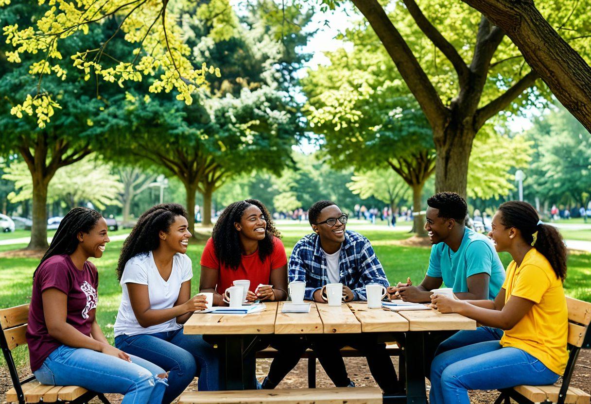 A vibrant college campus scene filled with diverse students engaging in heartfelt conversations under blooming trees. Depict a group of friends laughing together, a couple sharing a moment, and a study group collaborating on work, symbolizing love and friendship. Integrate elements like books, coffee cups, and a bright sky to evoke warmth and connection. Capture the dynamic atmosphere of UAlbany with colorful details. super-realistic. vibrant colors. 3D.