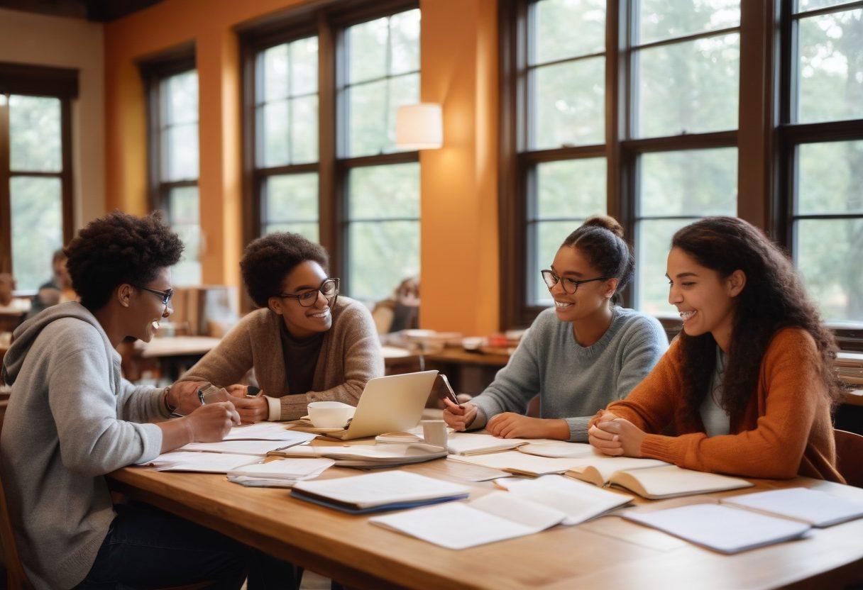 A cozy college study space filled with diverse students collaborating over books and laptops, showcasing deep conversations and laughter. Include elements like mugs of coffee, notebooks filled with notes, and a soft ambient light creating a warm atmosphere. The background features a bulletin board filled with photos and event flyers, symbolizing friendship and community. super-realistic. vibrant colors. warm lighting.