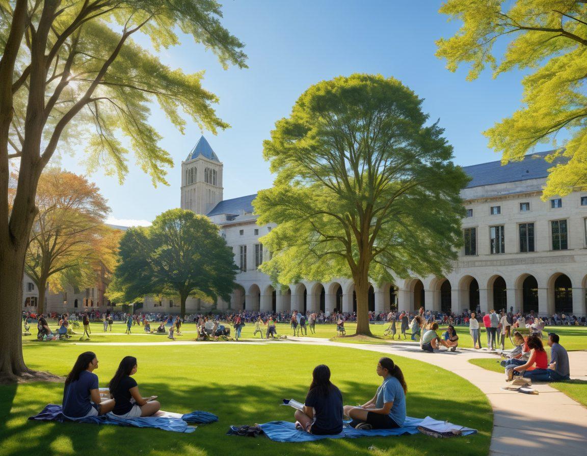 A vibrant scene depicting diverse students engaging in activities around the UAlbany campus, showcasing friendship and support. Incorporate elements like study groups, team sports, and social gatherings, with the campus buildings in the background. Use bright colors to convey a sense of warmth and community. The sky should be clear and sunny to evoke positivity. painting. vibrant colors.